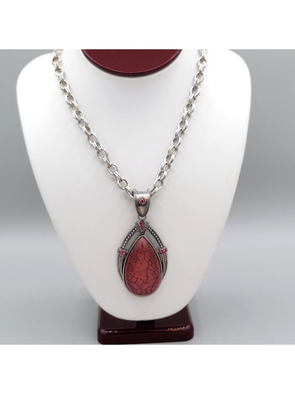 Large Dark Pink Cabochon Bead Pendant Necklace Crystals Stud Accents Curb Chain